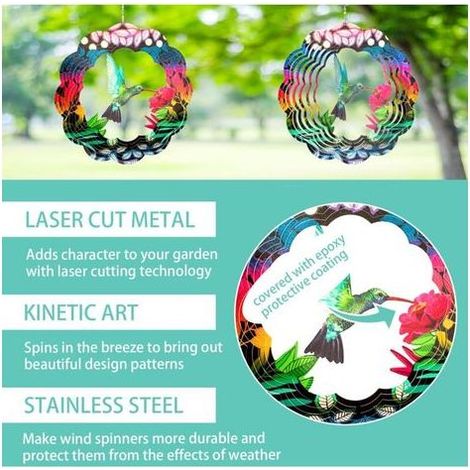 Moulin à vent artistique pour décoration de jardin en acier inoxydable 3D sculptures cinétiques à suspendre en forme de colibri Décoration de jardin extérieur intérieur extérieur patio Ornements de (1/5)