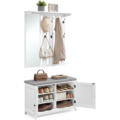 Ensemble Porte-Manteau avec Banc à Chaussures, Portant avec Miroir, 8 Crochets Doubles, Banc avec Étagère Réglable, Double Porte, Coussin Amovible, Largeur de 81 cm, Blanc Nuage LSC010WB01 (1/5)