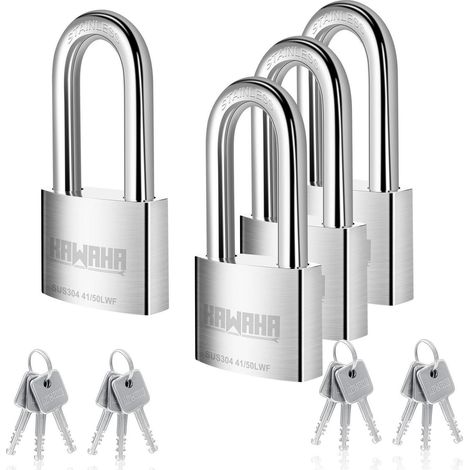 Vorhängeschloss Edelstahl 50mm mit langem Bügel, 4er Pack, gleichschließend, wetterfest