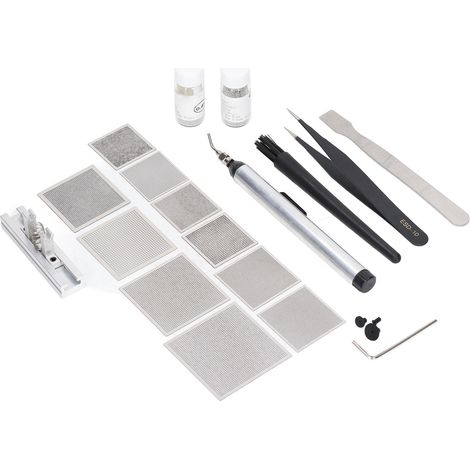 Station de reballing professionnelle avec kit de gabarits, ventouses et outils pour réparation électronique. (1/5)