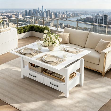 Höhenverstellbarer ausziehbarer Couchtisch 100 x 45 x 53 cm mit Stauraum, weiß HAVRYA (1/5)