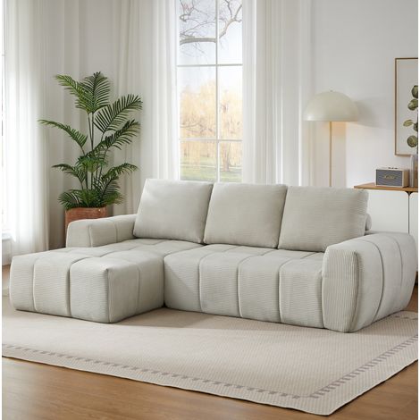 Divano angolare in velluto a coste beige, design modulare trapuntato, imbottitura in schiuma e molle insacchettate, senza montaggio (1/5)