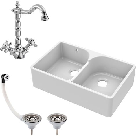 Fireclay Kitchen Sink - 795mm Double Bowl Butler with Stepped Weir, Classic Tap & Wastes - Kitchen Bundle Set (1/5)