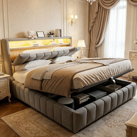 Cama con almacenaje 180x200 con LED, USB y USB-C, cabecero con hueco, gris DESVIAE (1/5)