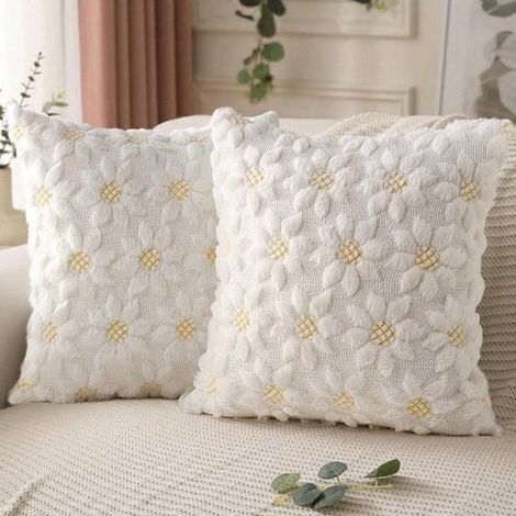 Colección Primavera-Verano: juego de 2 fundas de cojín con girasoles color crema,45 x 45 cm. Flores de temporada