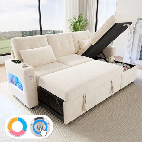 Divano letto angolare a L - 206x131x85 cm - Reversibile con contenitore - USB LED Portabicchieri - Tessuto Chenille Moderno - Beige