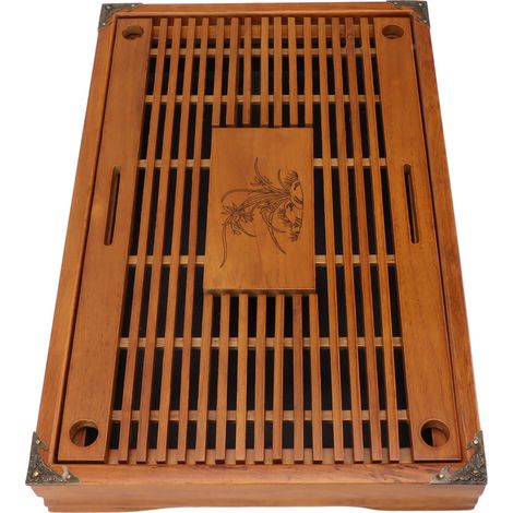 Chinesisches Kung-Fu-Teetablett aus Holz mit Sieb, Wasserauffangschale und Serviertablett, Orchideenmuster, Gelb (1/5)