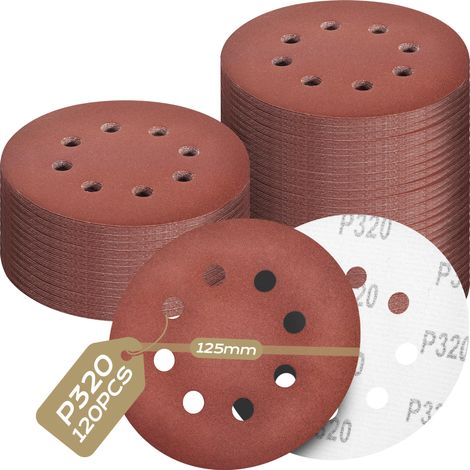 120 Pièces Disque Abrasif 125mm, Convient pour le ponçage papier de verre comporte 8 trous, Utilisation sur une polisseuse traitement des métaux Granularité P320 x 120 pièces (1/5)