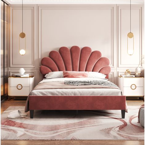 Cama 140x200 cm terciopelo rojo con cabecero floral, sin colchón, para dormitorio – MEUBLIV (1/5)