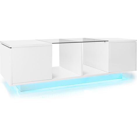 Table basse blanche moderne avec éclairage LED et plateau en verre 120 x 50 x 38,5 cm (1/5)