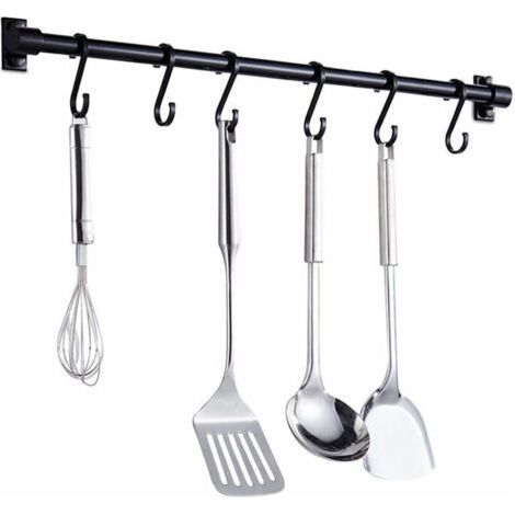 Barre Murale Cuisine Ustensiles 40CM Barre Étagère de Cuisine avec 6 Crochets Amovibles, Rack Porte Étagère à Fixation Murale pour Ustensiles de Cuisine(Noir) (1/5)