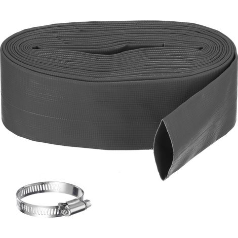 Tuyau de rinçage de piscine, 5,1 cm x 7,6 m, tuyau de vidange renforcé en PVC plat pour pompe de vidange d'eau de piscine, avec 1 pince, noir (1/5)