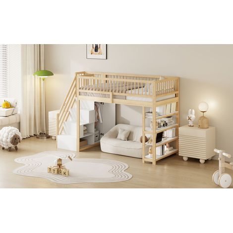 Lit mezzanine 90x200 cm, design de sécurité avec barrière haute, armoire, étagères et rangement, échelle d’escalade sécurisée, lit multifonction en bois massif, couleur bois (1/5)