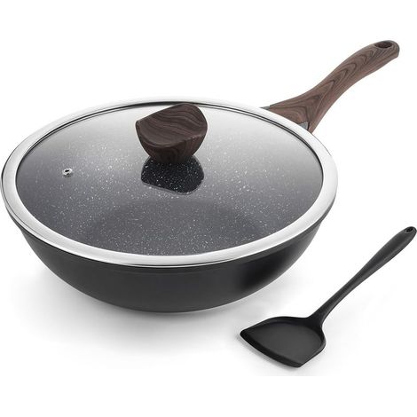 Wok 30 cm, Wok Induction avec Couvercle, Anti-adhésif Revêtement Pierre, Compatible avec tous les poêles, Sans PFOA (1/5)