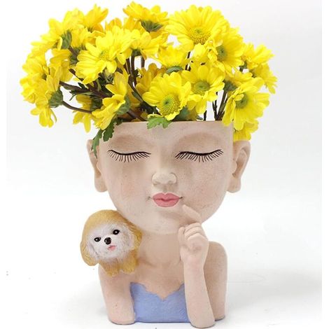 Maceta de resina con linda figura de mujer y cabeza de perro, maceta con orificio de drenaje, maceta para plantas suculentas, maceta para plantas suculentas y cactus.