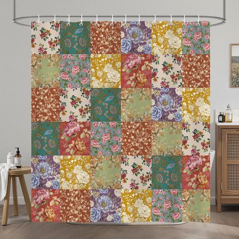 Rideau de Douche Vintage Patchwork Fleurs, Rideau de Baignoire Floral Boho Ferme Coloré Rétro 180 x 180 cm Polyester Imperméable Résistant à la Moisissure 12 Crochets (1/5)