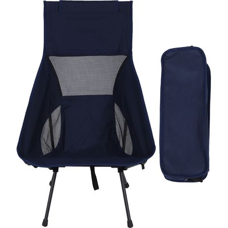 Chaise pliante de camping portable avec sac de transport pour extérieur, plage, sport, pêche, dossier haut en maille bleu marine (1/5)