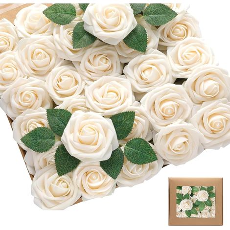 Künstliche Schaumrosen, 25 Stück, künstliche Rosen mit Blättern und Stiel, lose mit Stiel, geeignet für DIY-Brautsträuße, Valentinstagsgeschenk, Champagnerweiß (1/5)