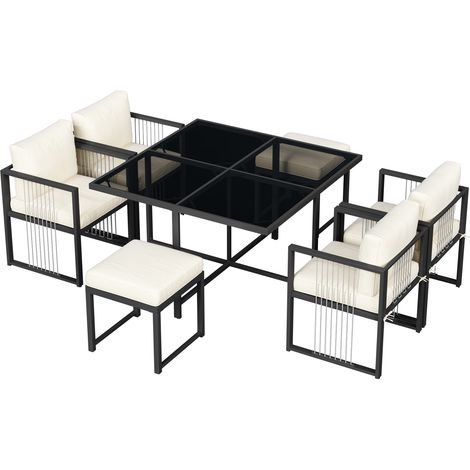 Ensemble extérieur 7 pièces pour 6 personnes, table verre trempé, pour repas en jardin ou sur terrasse (1/5)