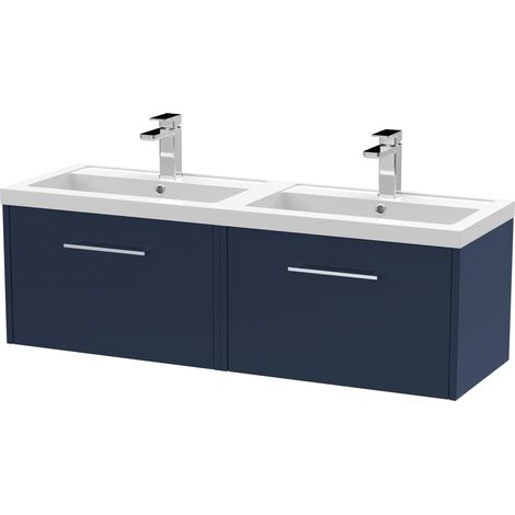 Winshill Contemporary 2 Drawer Wall Hung Vanity Unit with Double Basin, Dark Blue, 1200mm