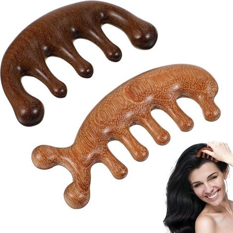 Gua Sha - Set di 2 pettini da massaggio - Sandalo - Pettine in legno naturale - Rilassamento della pelle - Massaggio digitopressione e cura dei capelli (Marrone) (1/5)