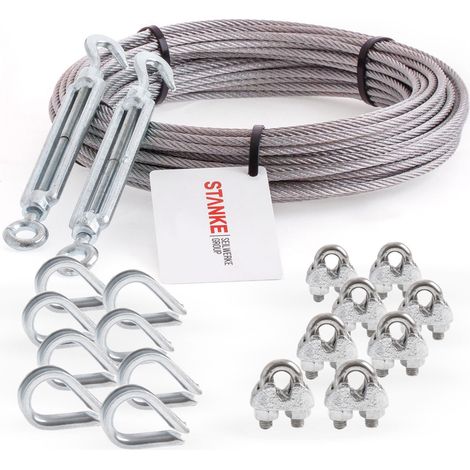 Seilwerk STANKE Rankhilfe Edelstahldrahtseil 50m V4A Edelstahlseil 2mm 7x7, 2x Spannschloss verzinkt M5 Haken+Öse, 8x Kausche V4A, 8x Bügelformklemme V4A - SET 5
