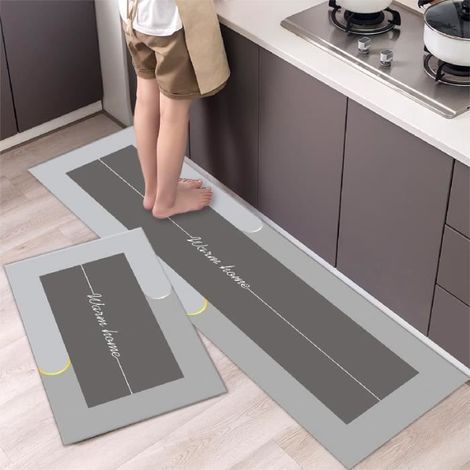 Set di 2 tappetini da cucina da posizionare davanti al lavello - 40x60 cm e 40x120 cm, grigi - Zerbino rettangolare moderno antiscivolo (1/3)