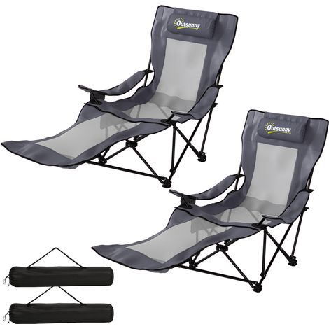 Set mit 2 klappbaren Campingstühlen, verstellbare Rückenlehne, Fußstütze, Getränkehalter, Kopfstütze, dunkelgrau