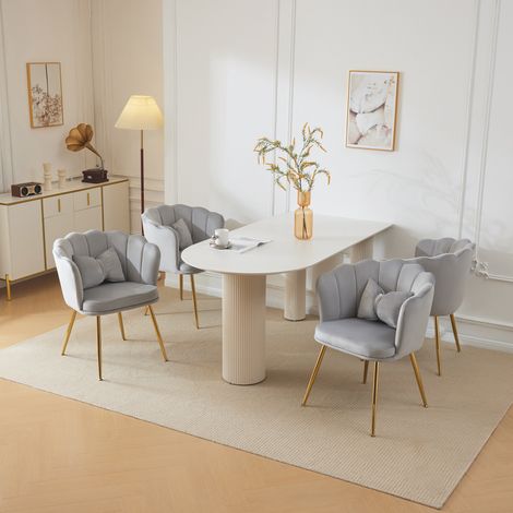 Set de 4 sillas de terciopelo gris con respaldo en pétalo, cojín decorativo y patas de metal dorado para salón, comedor o dormitorio y uso diario CHICFURN (1/5)