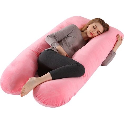 Oreiller de grossesse en forme de U, soutien lombaire, oreiller pour dormir sur le dos et sur le côté, 130 x 70 cm (rose)-AquaForge (1/4)