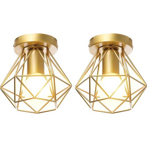 (2X) Plafonnier Rétro Lampe De Plafond D'Intérieur Vintage Or Luminaire Plafonnier Cage En Fer Métallique, Pour Cuisine, Bureau (1/5)