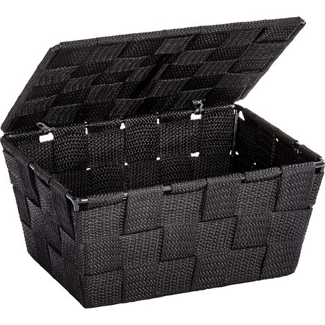 Wenko Cestino con coperchio Adria nero - cestino per il bagno, Polipropilene, 19 x 10 x 14 cm, Nero (1/4)