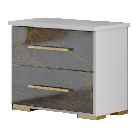 Chevet 2 tiroirs bois blanc et bois gris brillant marbré doré Dova 49cm (1/3)