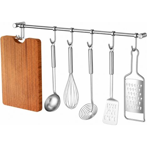 Barre de cuisine en acier inoxydable, 40 cm, 7 crochets, argentée, organisateur mural (1/5)
