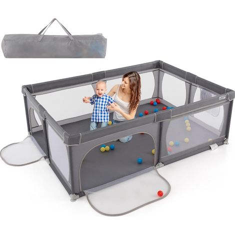 GOPLUS Parc Bébé avec 50 Boules Océaniques et Grande Porte à Fermeture Éclair, Sac Portable, Clôture pour Tout-petits de 0-3 Ans avec Maille Respirante, Ventouses, Aire de Jeu 206×147×68,5CM (Gris) (1/5)