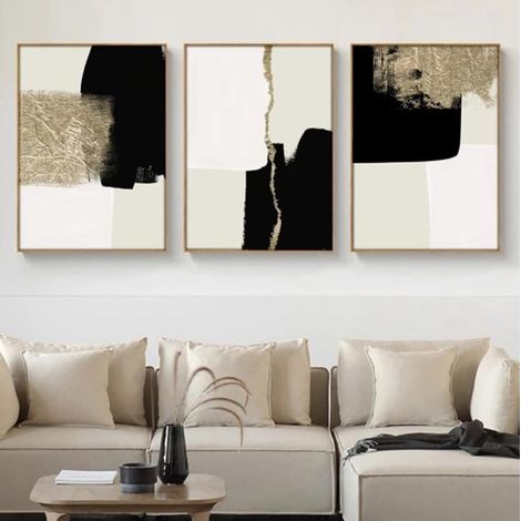 Lot de 3 posters sur toile - Modernes - Minimalistes - Beige - Noir et doré - Géométrie abstraite - Décoration murale - Sans cadre - 40 x 60 cm - Géométrie géométrique