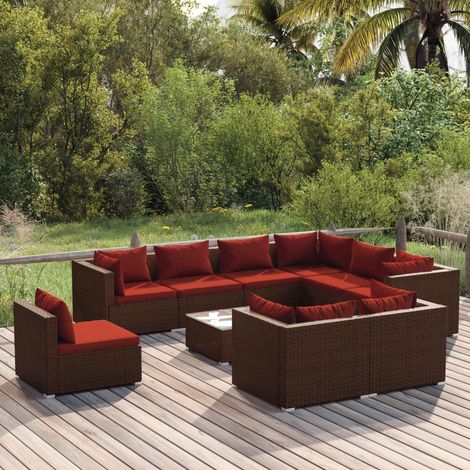 10-tlg. Garten-Lounge-Set mit Kissen Poly Rattan Braun (1/5)