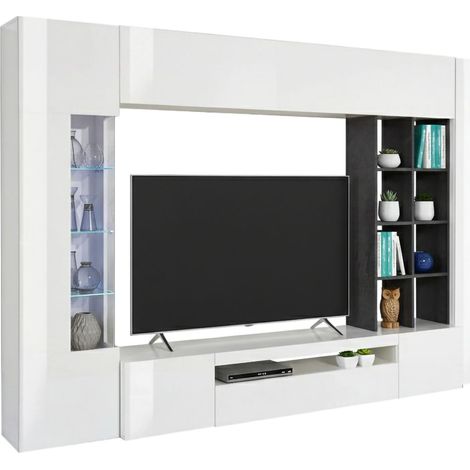 Dmora Parete attrezzata da soggiorno, Made in Italy, con luce LED blu, Base porta TV e pensili e scaffali, cm 290x40h192, colore Bianco lucido e Grigio Cenere, con imballo rinforzato