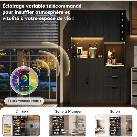 Armoire de cuisine haute LED 180×105×40 cm, meuble rangement avec étagères réglables, 3 tiroirs, cave à vin et prise intégrée