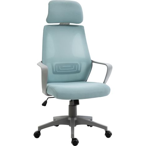 Chaise de bureau réglable avec accoudoirs, charge 120 kg 64x55x116-126 cm Bleu, appuie-tête et fonction basculante
