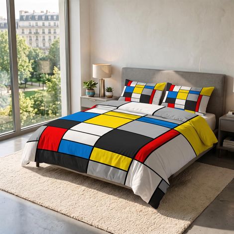 Parure Housse de Couette pour lit 2 Personnes 100% Coton, fabriquée en Italie, 250 × 200 cm avec Double Rabat 50 cm + 2 taies d'oreiller 50 × 80 cm avec Rabat Interne, Impression (1/5)