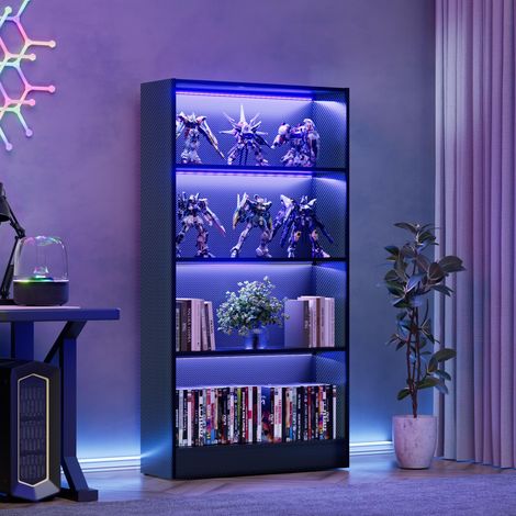 Grande bibliothèque en bois noir – Étagère avec lumières LED, étagère lumineuse avec 4 étagères, grande bibliothèque pour objets de collection, bibliothèque moderne pour chambre à coucher (1/5)