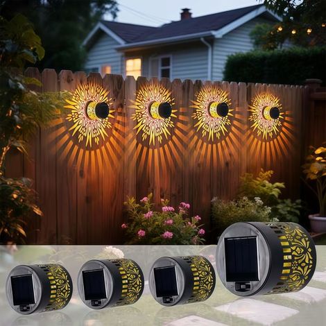 Projecteur solaire mandala décoratif LED blanc chaud étanche métal pour jardin clôture patio lumière ombre extérieur lot 4 (1/4)