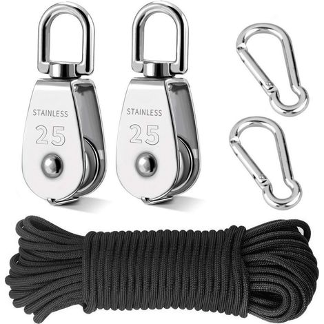 Sistema di carrucole per carichi pesanti M25 per sollevamento di carrucole singole con gancio girevole in acciaio inossidabile 304 con fune in nylon da 20 m (6 mm) e 2 moschettoni a scatto