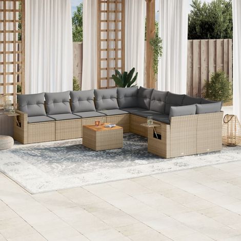 11-tlg. Garten-Sofagarnitur mit Kissen Beige Poly Rattan (1/5)