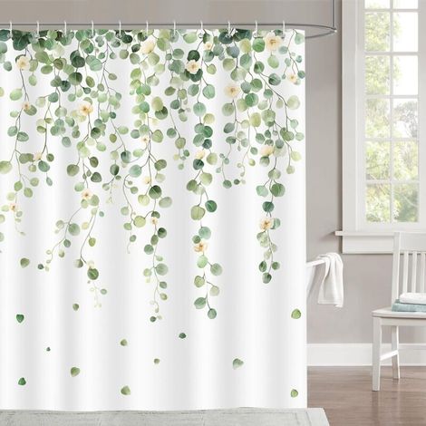 Rideau de Douche Feuilles Vertes d’Eucalyptus 180x180cm, Rideaux de Douche Tissu Polyester Imperméable Anti Moisissure Lavable pour Baignoire et Bain avec 12 Crochets