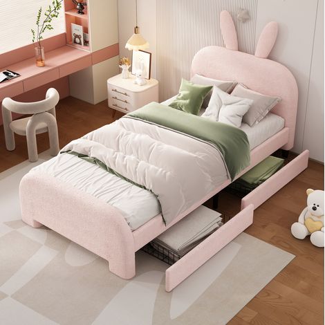 Cama infantil 90/200 cm rosa de felpa y MDF con cabecero de conejo y 2 cajones (1/5)