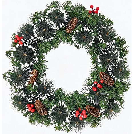 Couronne de Noël Électrique 45 cm – Pin Artificiel, Baies Rouges, Cônes de Pin & Clairères LED Blanc Chaud – Décoration Porte Intérieur/Supplérieur
