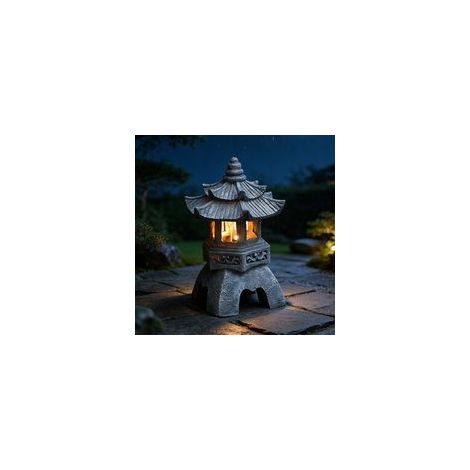 Japanische Harzlaterne – Solar-LED-Beleuchtung – Grauer Pagodenstil – 24 cm – Wetter- und UV-beständig – Dekoration für Zen-Gärten (1/5)