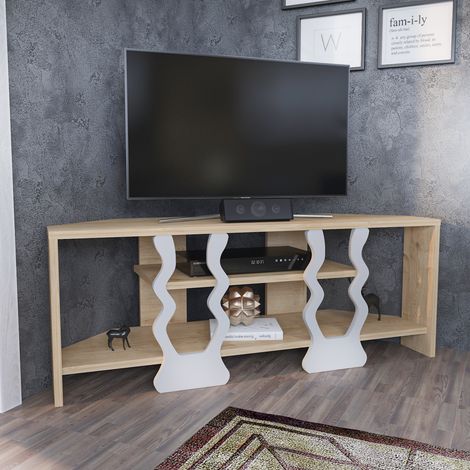 Decorotika Firal Decorative 110 Cm Corner Meuble TV Meuble TV TV Cabinet Meuble TV With Shelves Corner Unit - Oak And Blanc (1/5)